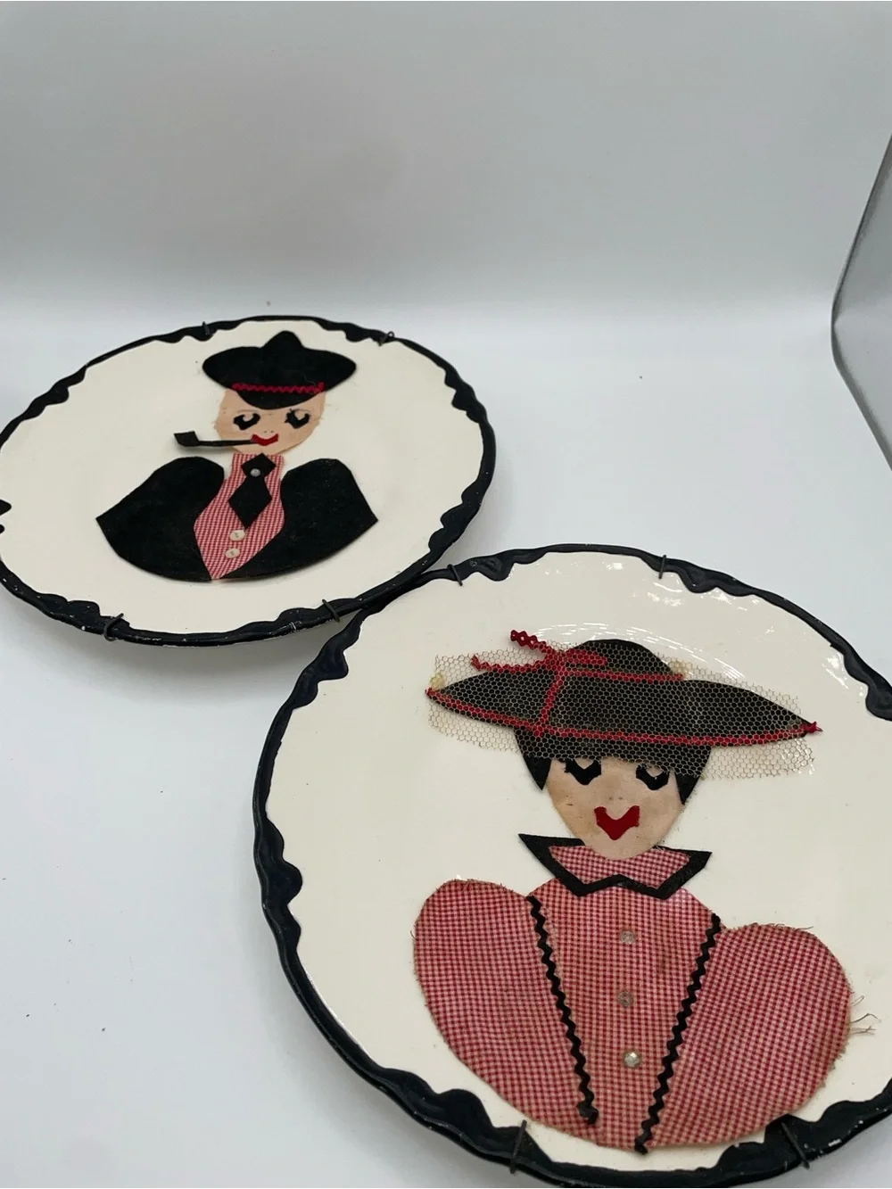 Vintage Decorative Plate Pair — Black and Pink Lady & Gentleman Motif